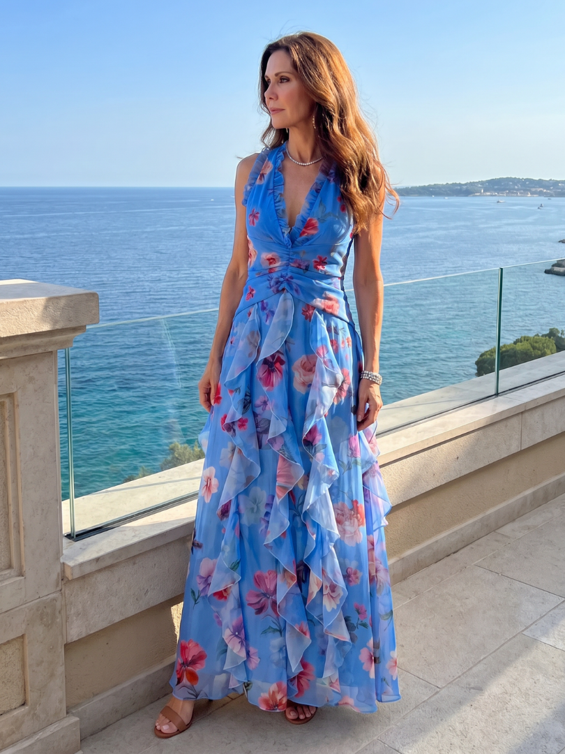 Nori Halter Neck Ruched Bodice Floral Maxi Dress