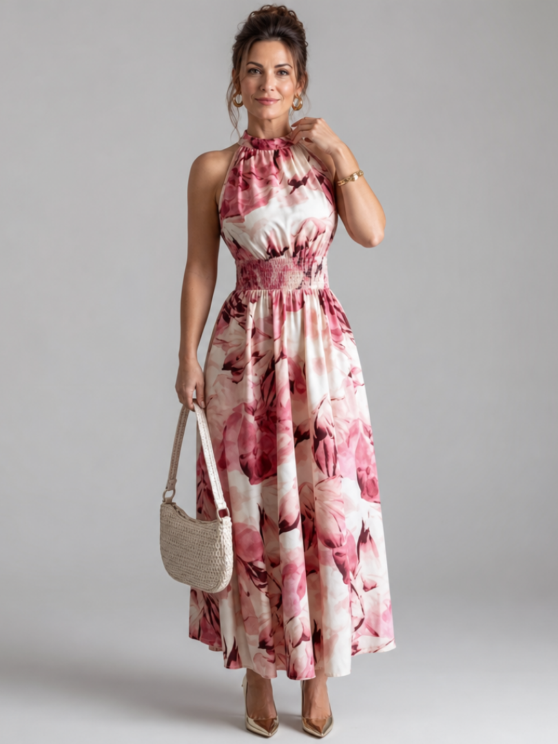 Olivia Gathered Waist Abstract Print Midi Dress