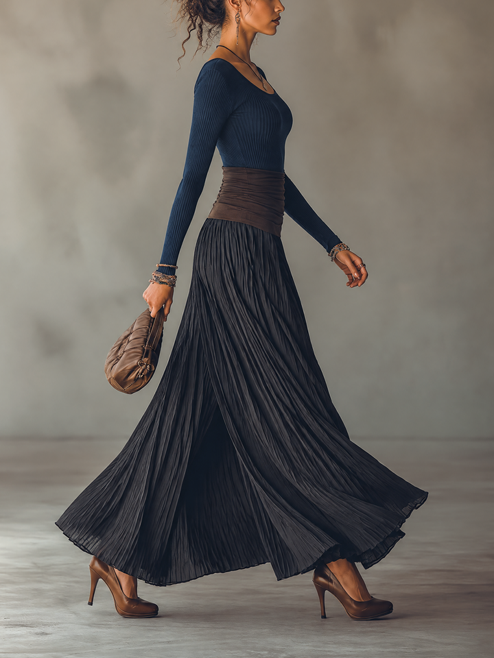 Navy Ribbed Knit Top And Waist Color Block Pleated Maxi Skirt Set