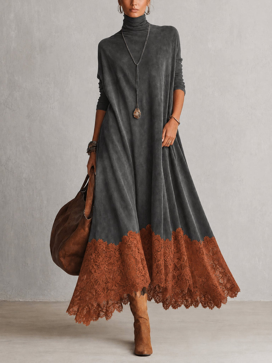 Vintage Brown Suede Feel Long Sleeve Lace Hem Maxi Dress
