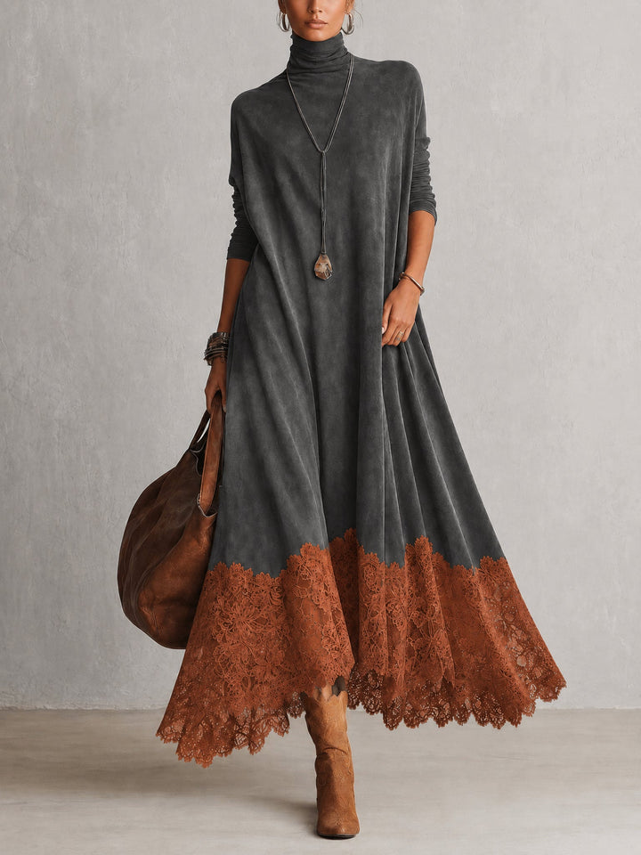 Vintage Brown Suede Feel Long Sleeve Lace Hem Maxi Dress
