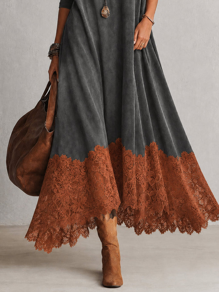 Vintage Brown Suede Feel Long Sleeve Lace Hem Maxi Dress
