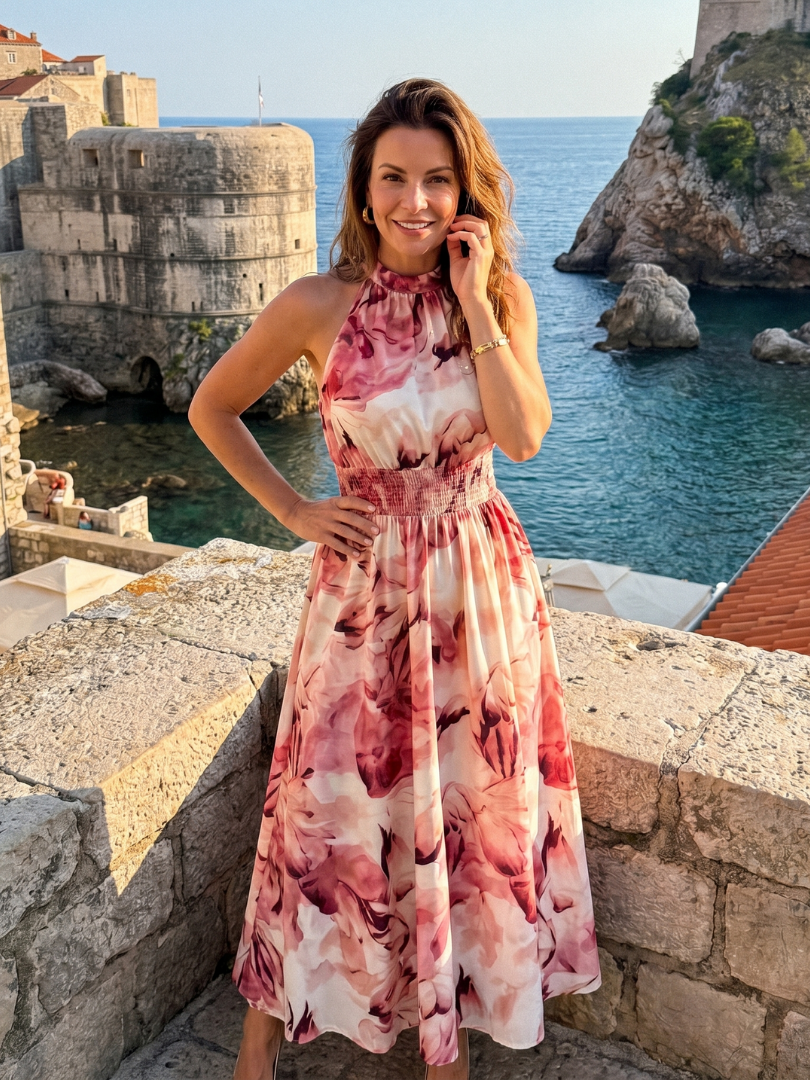Olivia Gathered Waist Abstract Print Midi Dress