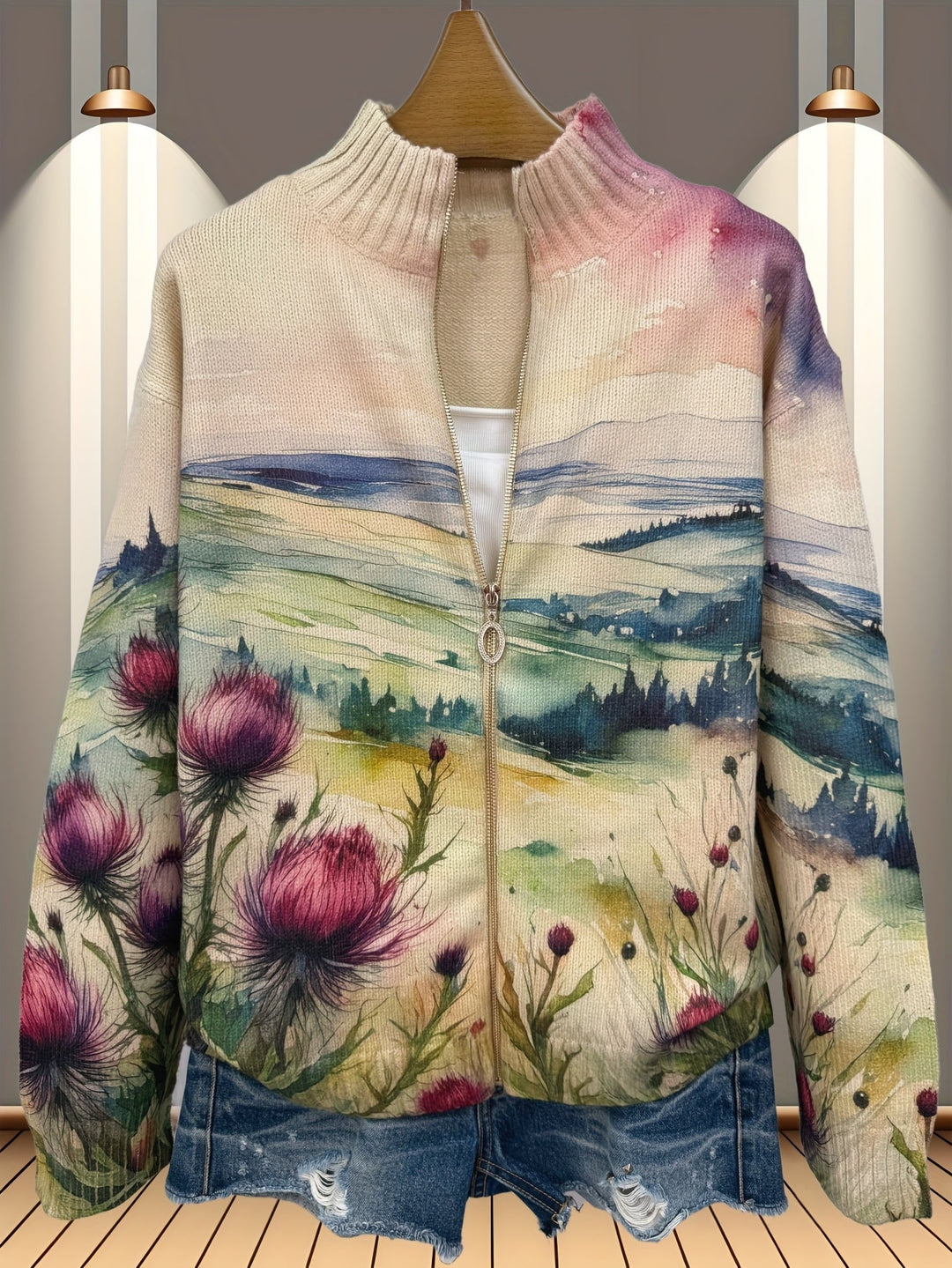 Zelda | Scottish Thistle Landscape Zip Cardigan