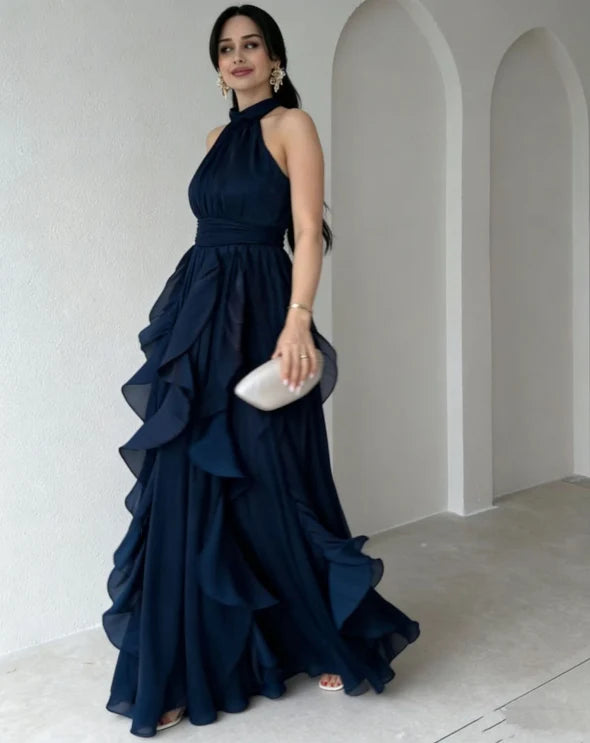Orea High Neck Gathered Ruffle Layers Maxi Dress