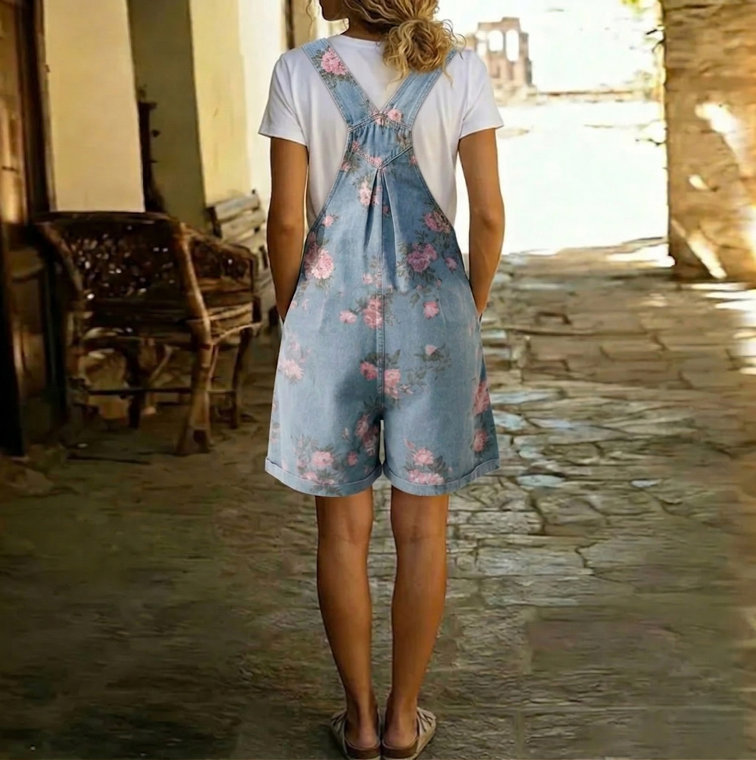 Saylor - Vintage Washed Soft Cotton Feel Denim Floral Jumpsuit