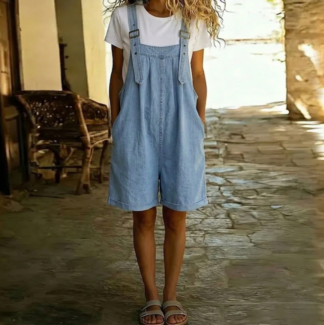 Saylor - Vintage Washed Soft Cotton Feel Denim Short Overall Light blue