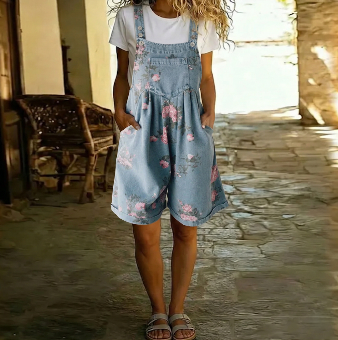 Saylor - Vintage Washed Soft Cotton Feel Denim Floral Jumpsuit