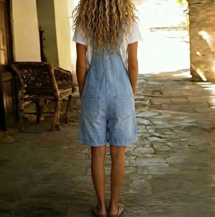 Saylor - Vintage Washed Soft Cotton Feel Denim Short Overall Light blue