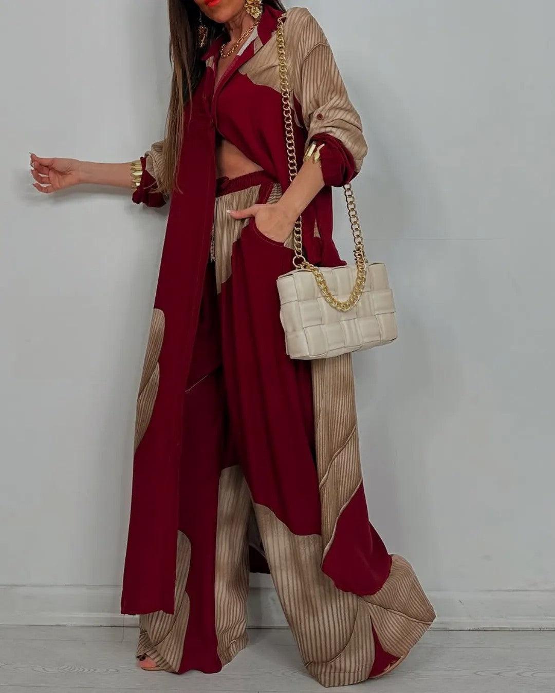 Women's V-neck Patchwork Top and Pants Casual Set