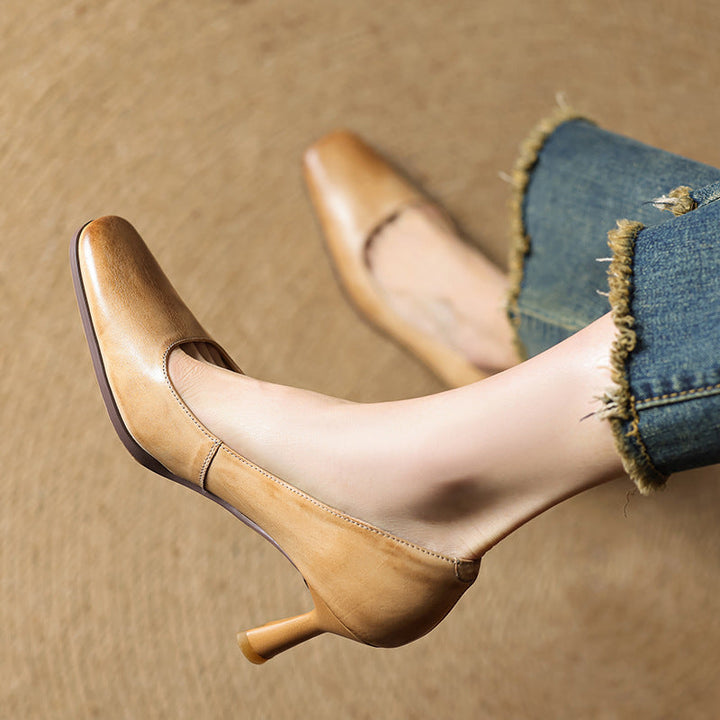 Elviera Square Leather Pumps