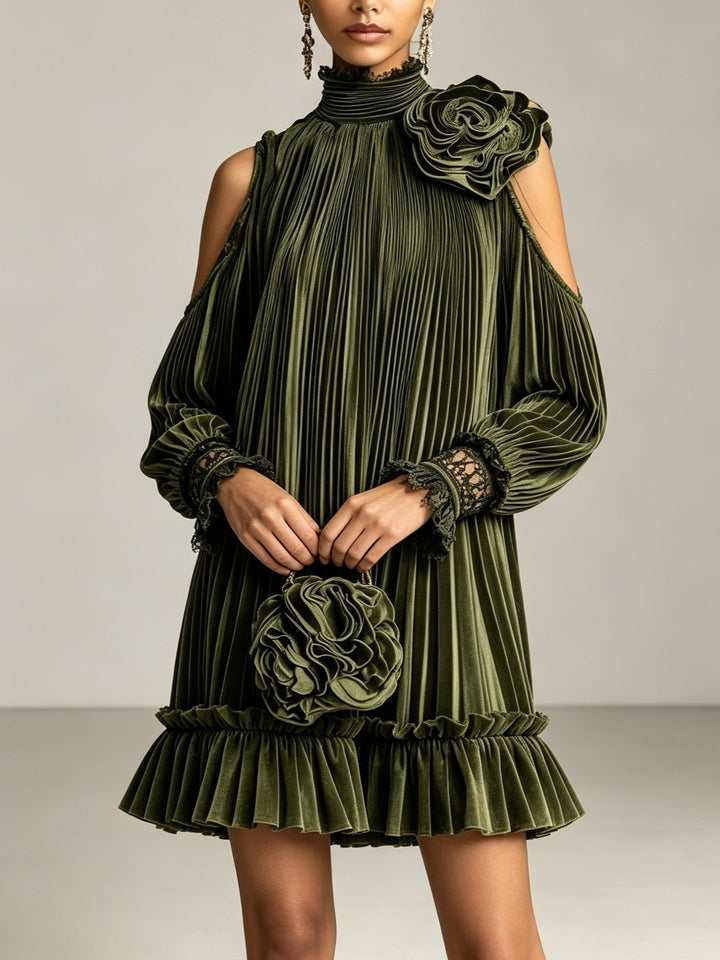 Elegant Olive Green Pleated Mini Dress with High Neck, Ruffle Hem & Rose Detail