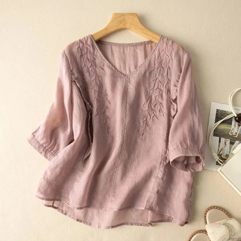 Margarita Loose Retro Cotton-Linen Top