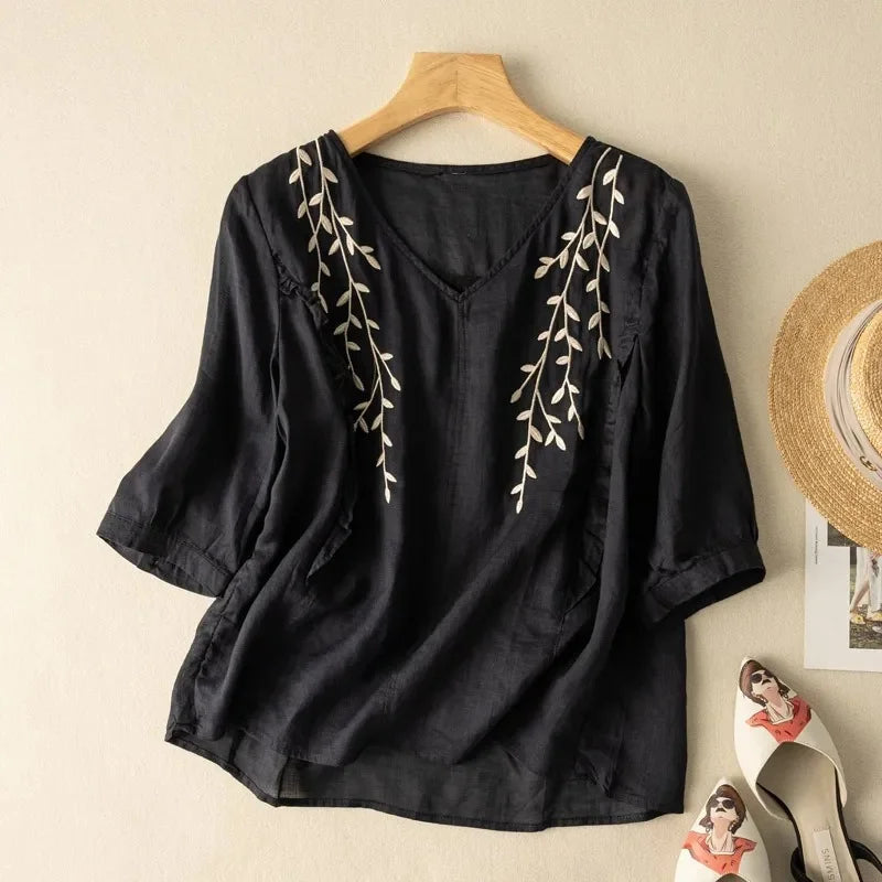 Margarita Loose Retro Cotton-Linen Top