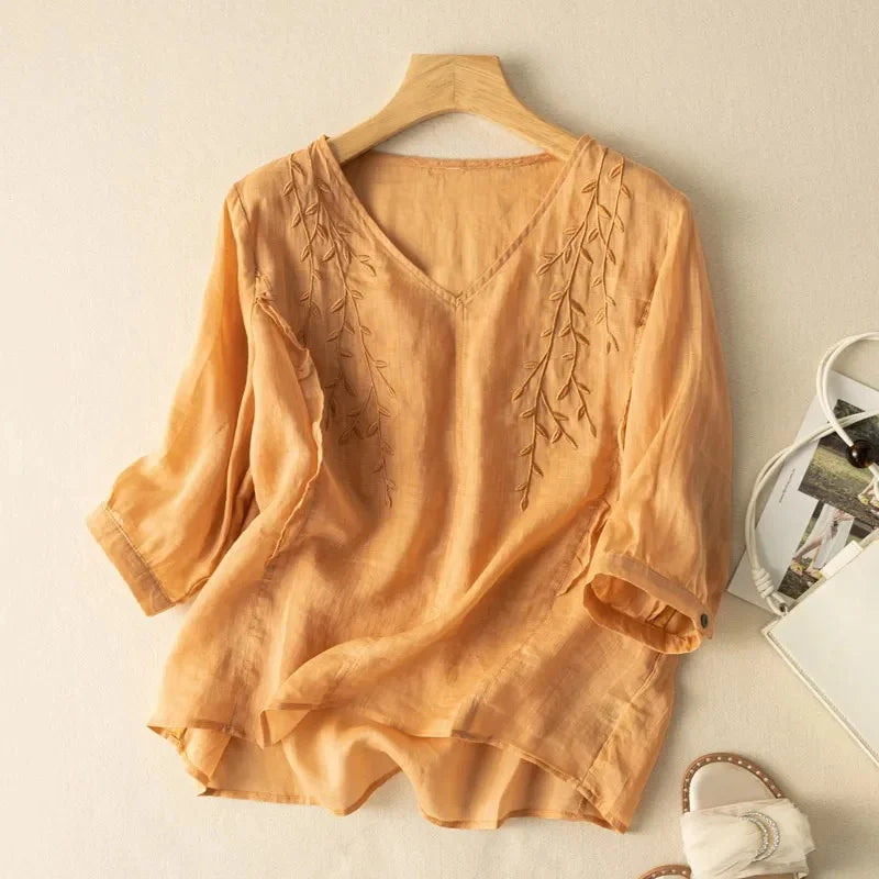 Margarita Loose Retro Cotton-Linen Top