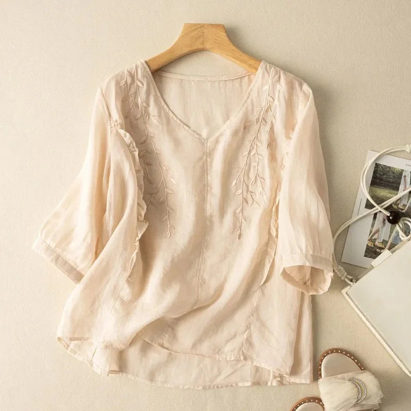 Margarita Loose Retro Cotton-Linen Top