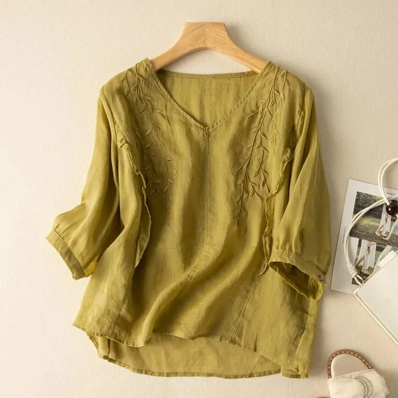 Margarita Loose Retro Cotton-Linen Top