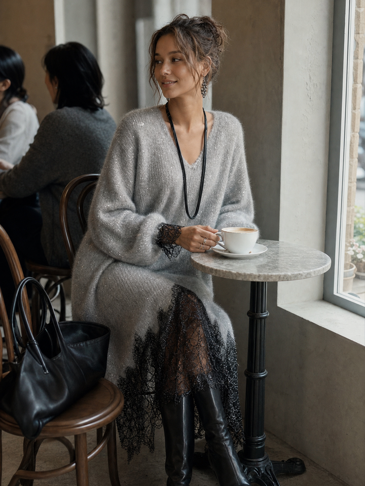 Gray Shimmer Knit Lace Hem Midi Dress