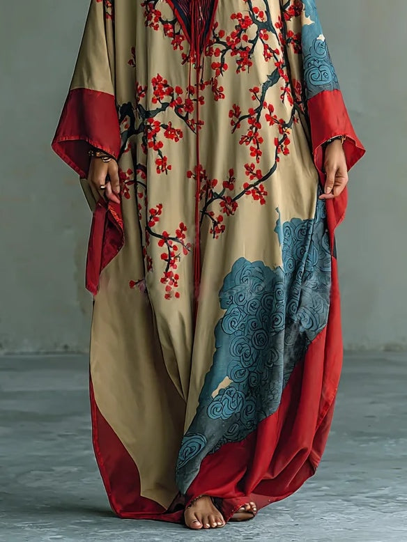 Japanese Red Plum Blossom Maxi Dress with Batwing Sleeves and Print