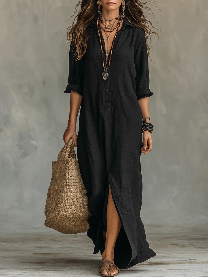 Soline | Loose Black Maxi Dress with Buttons