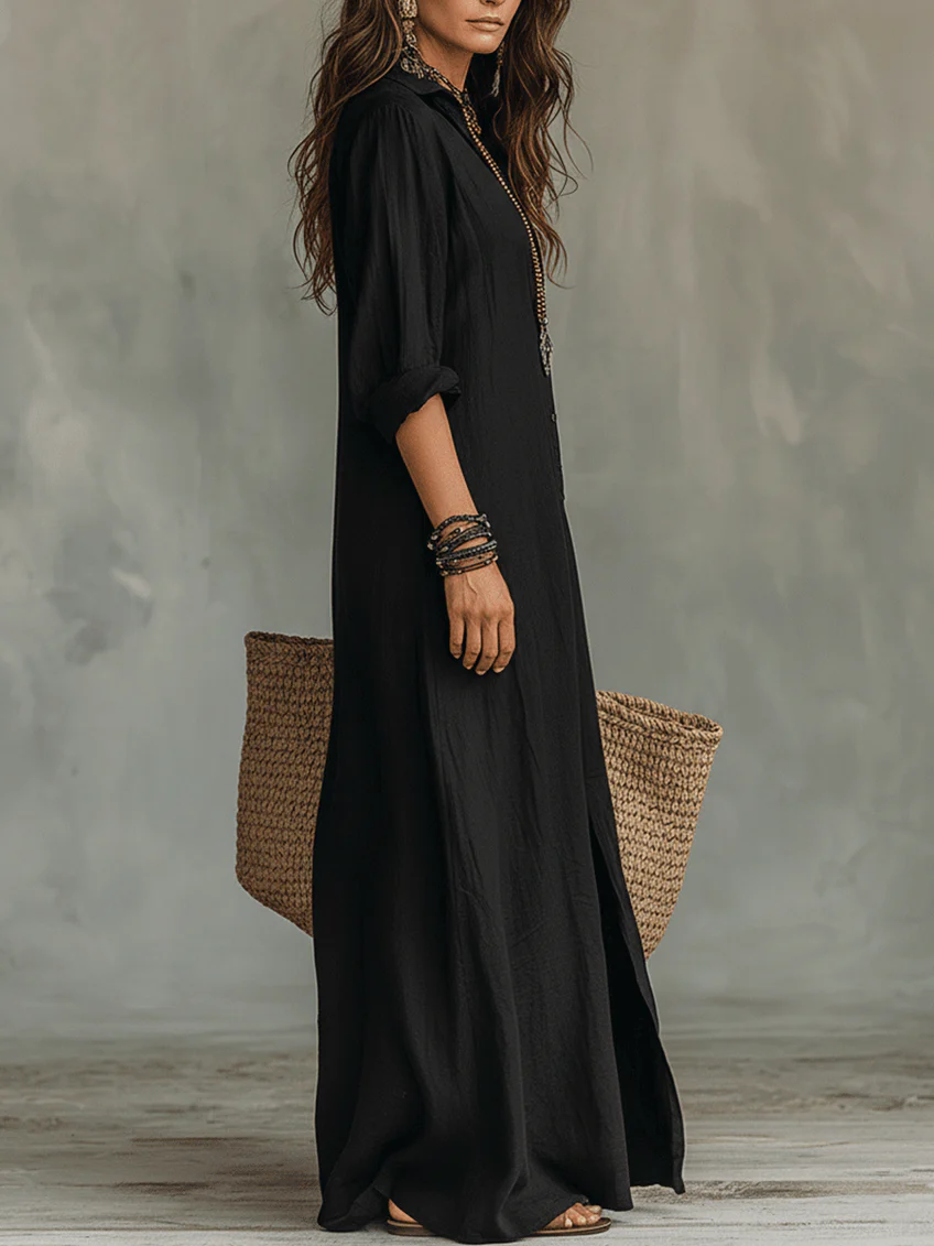 Soline | Loose Black Maxi Dress with Buttons