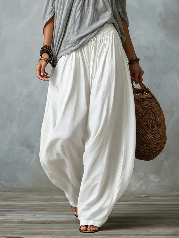 Grace | Gray Off-shoulder Top and White Wide-leg Lantern Pants