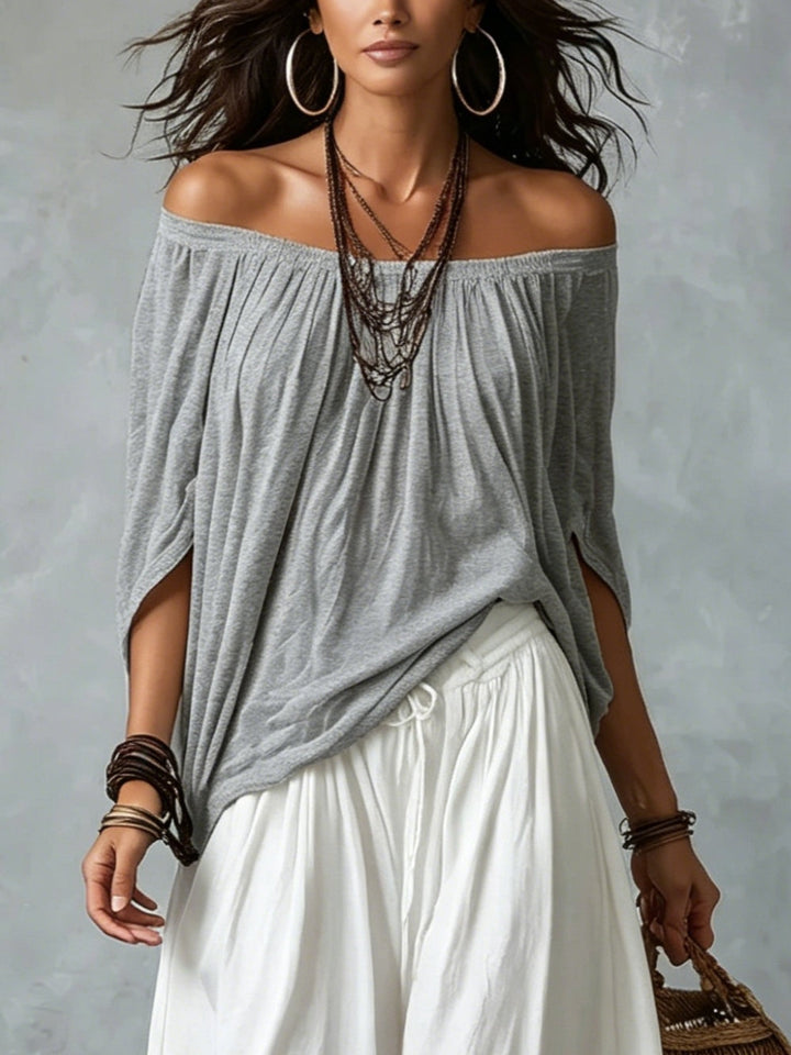 Grace | Gray Off-shoulder Top and White Wide-leg Lantern Pants