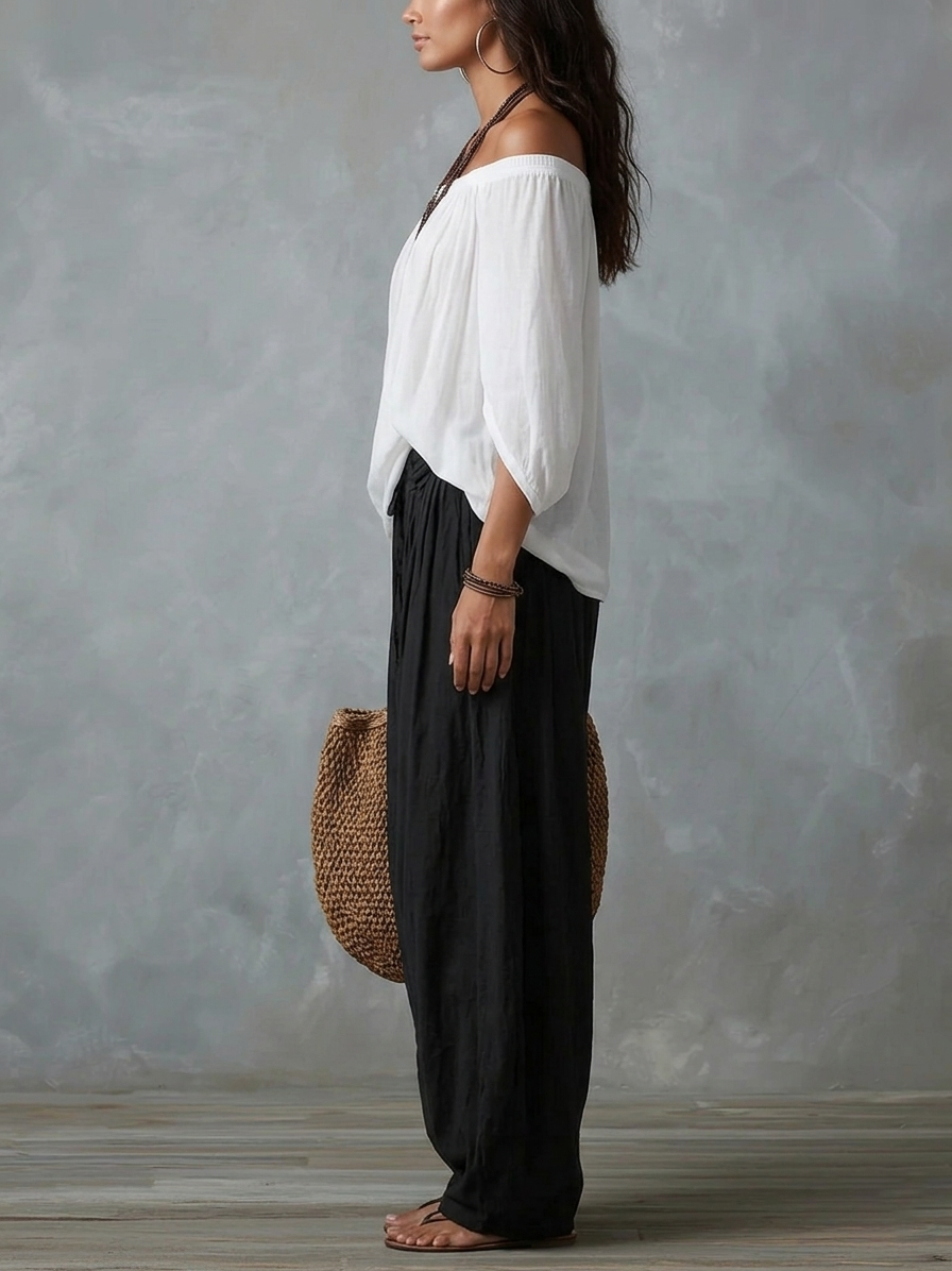 Ella | Top White Off-the-shoulder and Wide Lantern Pants Set