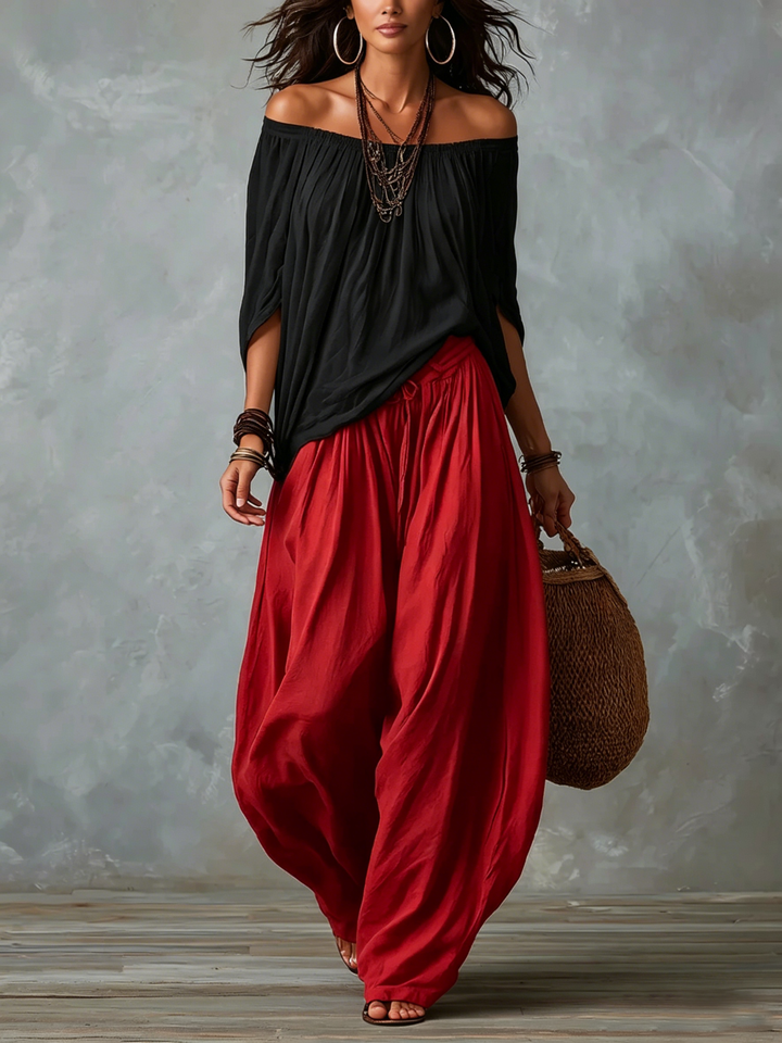 Ella | Top White Off-the-shoulder and Wide Lantern Pants Set
