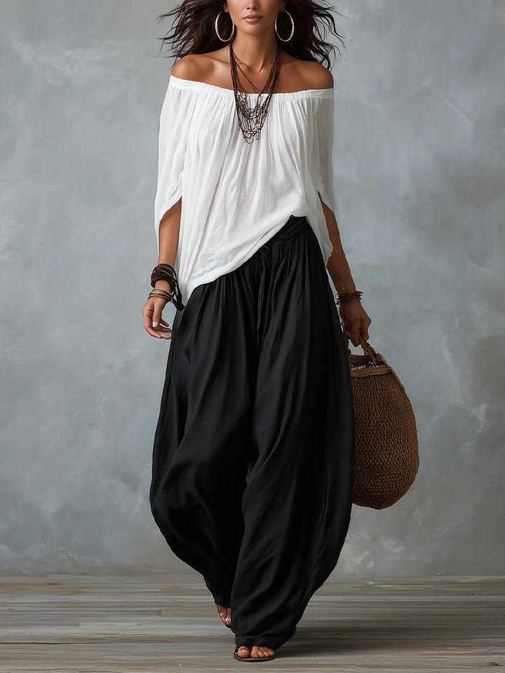 Ella | Top White Off-the-shoulder and Wide Lantern Pants Set