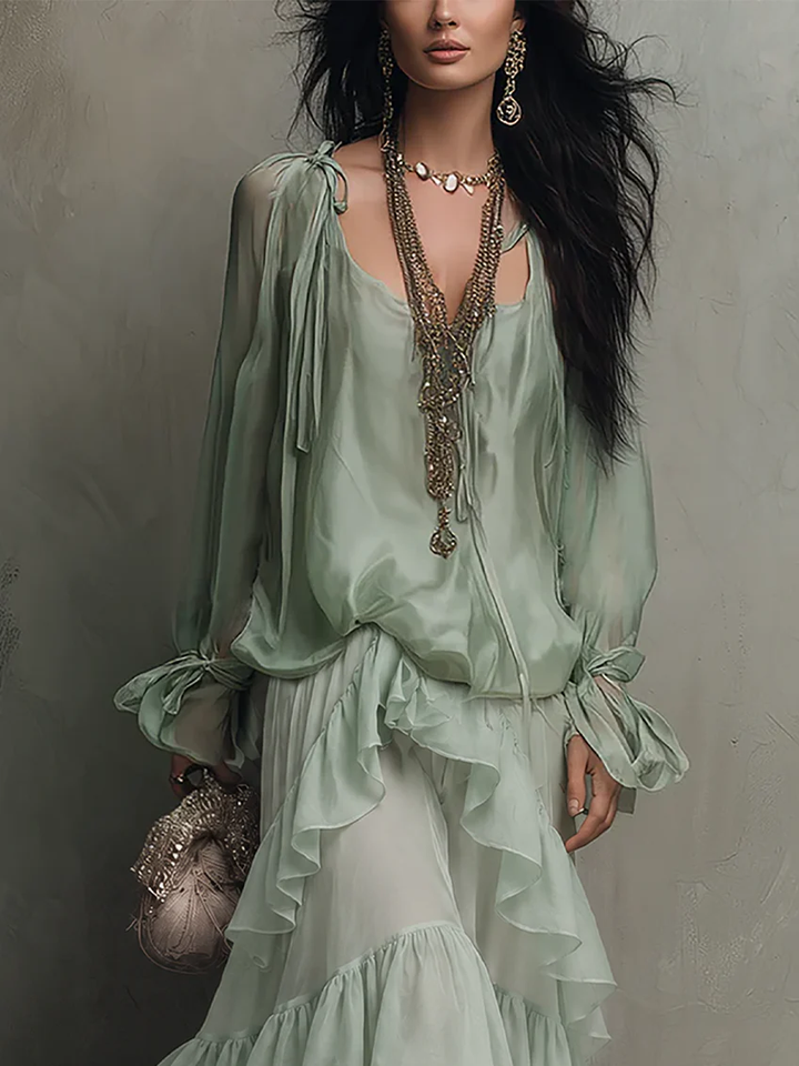 Mira | Mint Green Chiffon Top with Ruffles Paired with a Layered Skirt Set