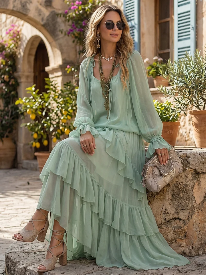 Mira | Mint Green Chiffon Top with Ruffles Paired with a Layered Skirt Set