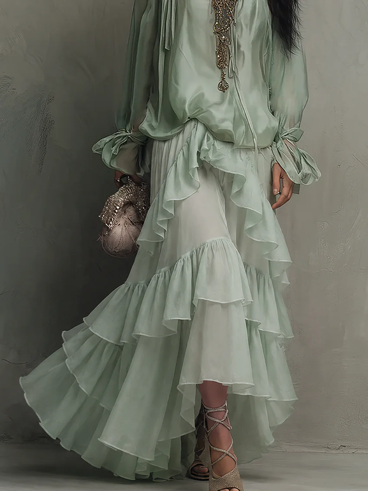 Mira | Mint Green Chiffon Top with Ruffles Paired with a Layered Skirt Set