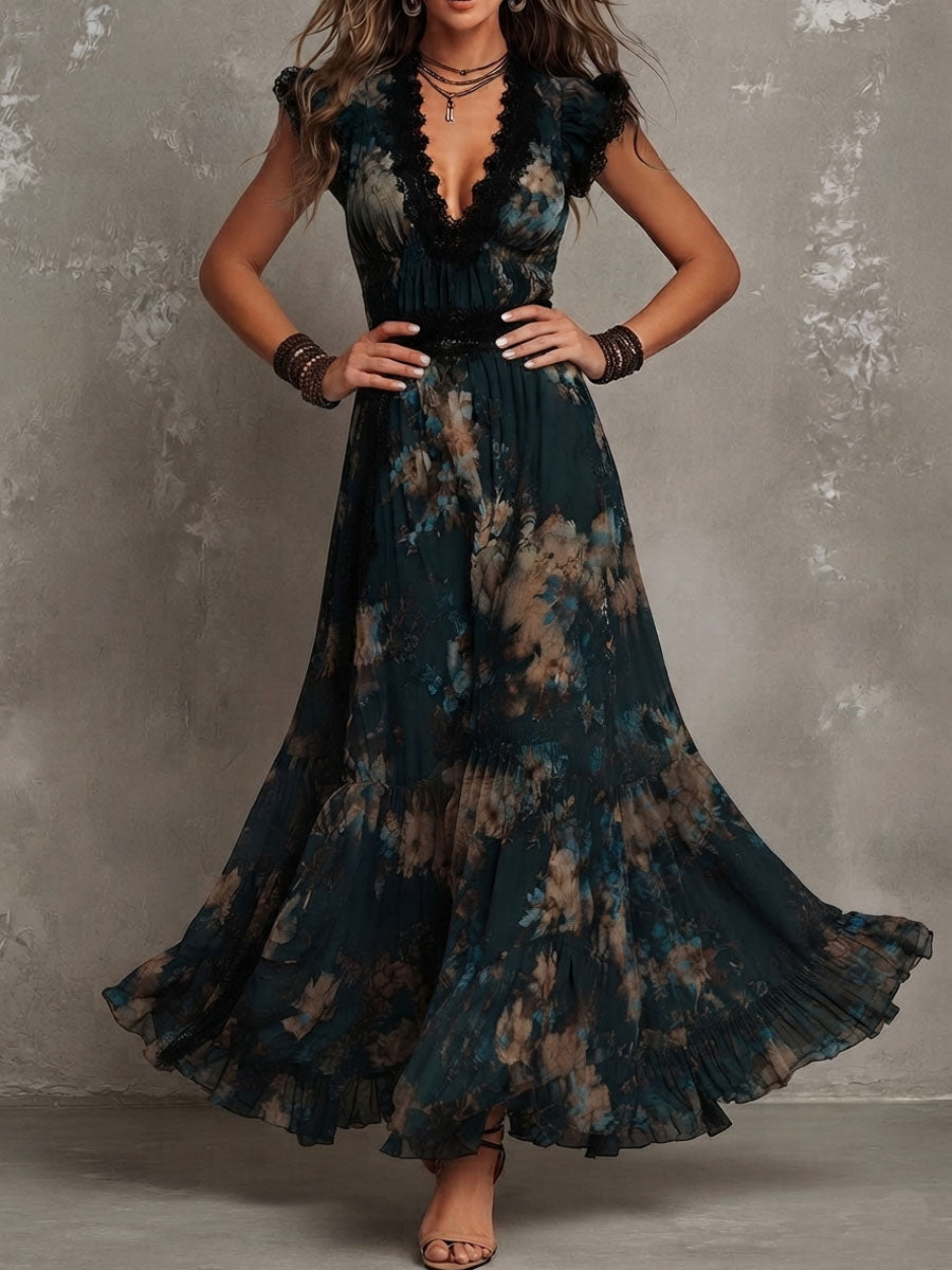 Lucia | Long vintage dark green chiffon dress with floral lace
