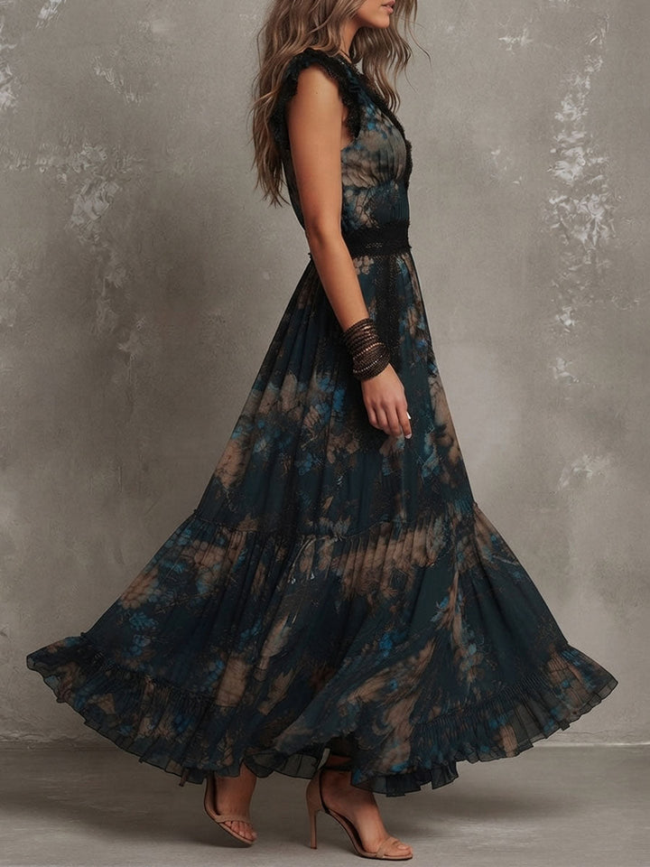 Lucia | Long vintage dark green chiffon dress with floral lace