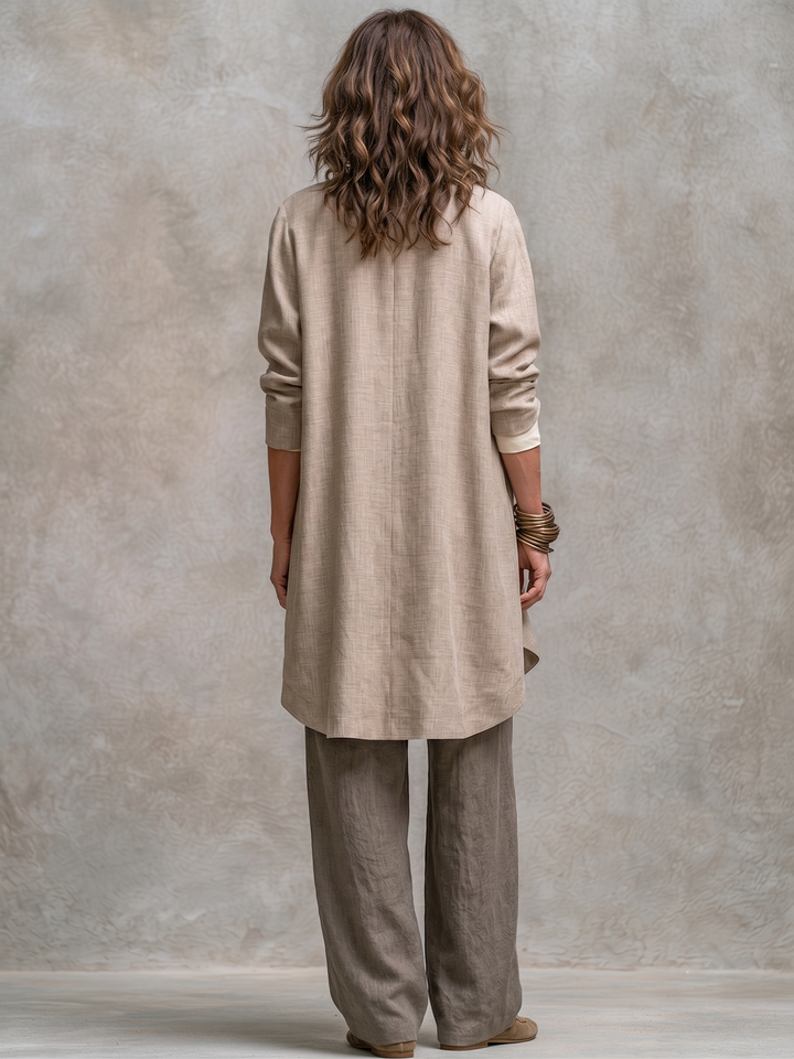 Clarissa | Complete Elegant Three-Piece Beige Gray Casual Outfit with Wide-Leg Pants