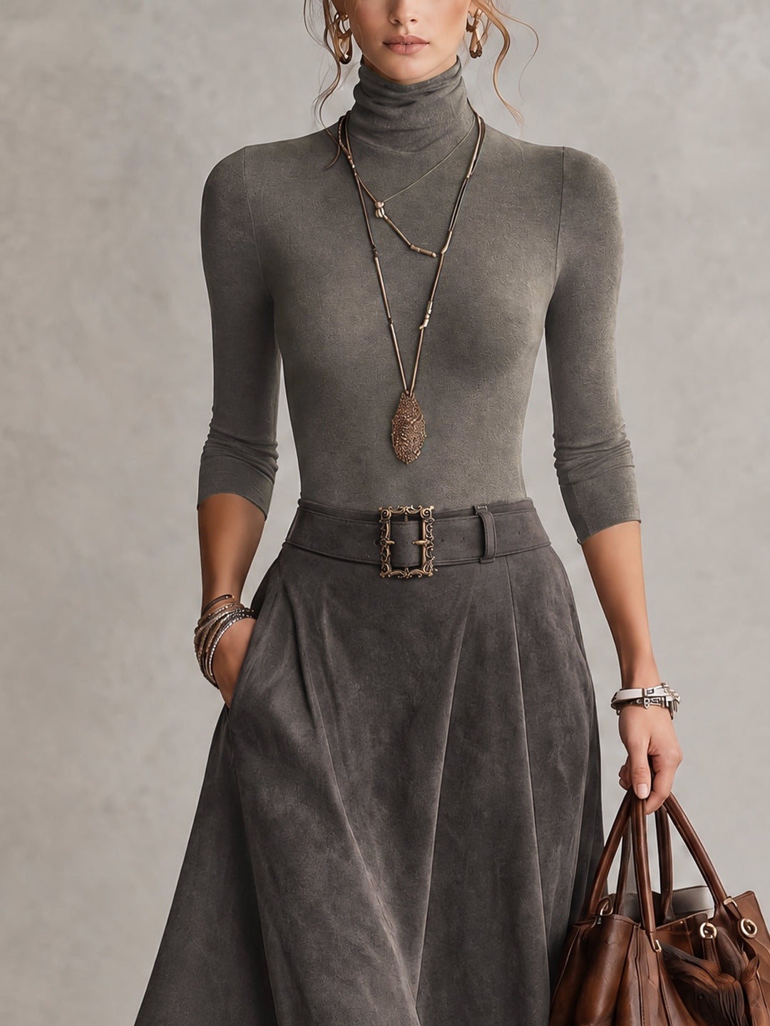 Francesca | Gray High Neck Top and Asymmetrical Midi Skirt in Synthetic Suede (with Belt)
