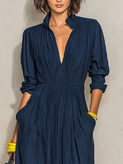 Daniela | Navy Blue Pleated Maxi Dress with V-Neck
