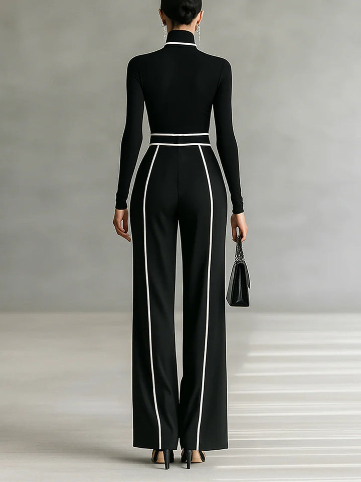 Lyn | Long Sleeve High Neck Top and Wide Leg Trousers Set with Belt