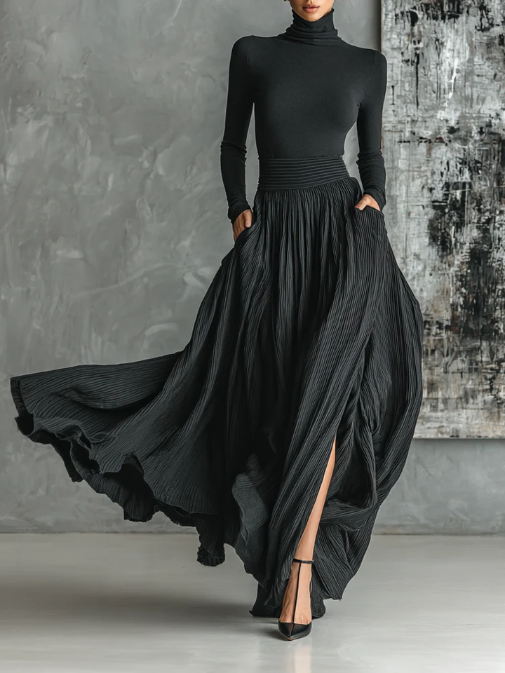 Cybele Black Turtleneck & Pleated Skirt Set
