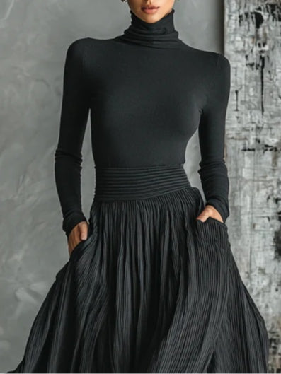 Cybele Black Turtleneck & Pleated Skirt Set