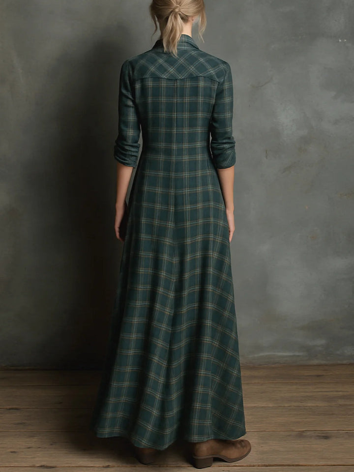 Taylor | Long Checkered Shirt Dress with Fold