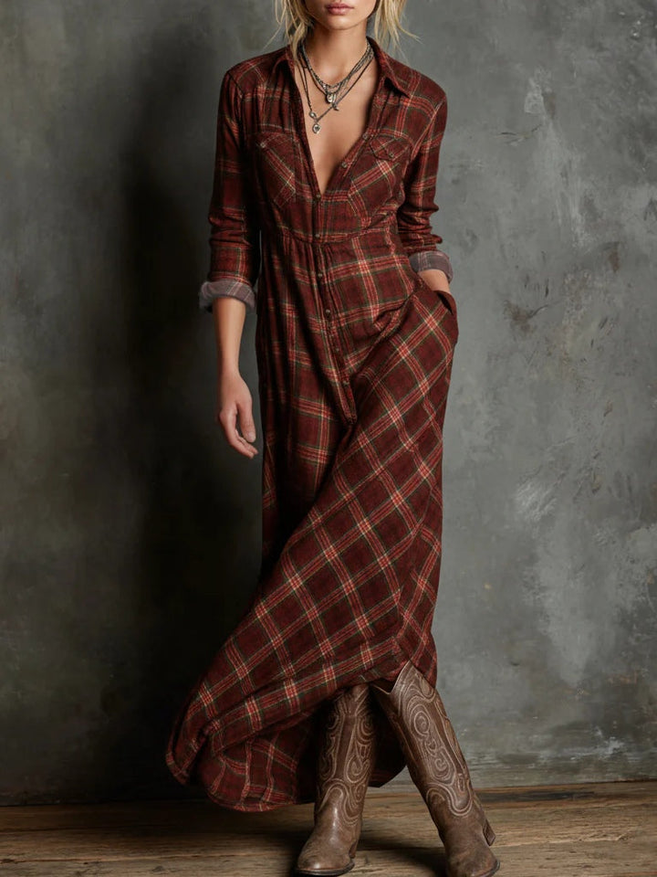 Taylor | Long Checkered Shirt Dress with Fold