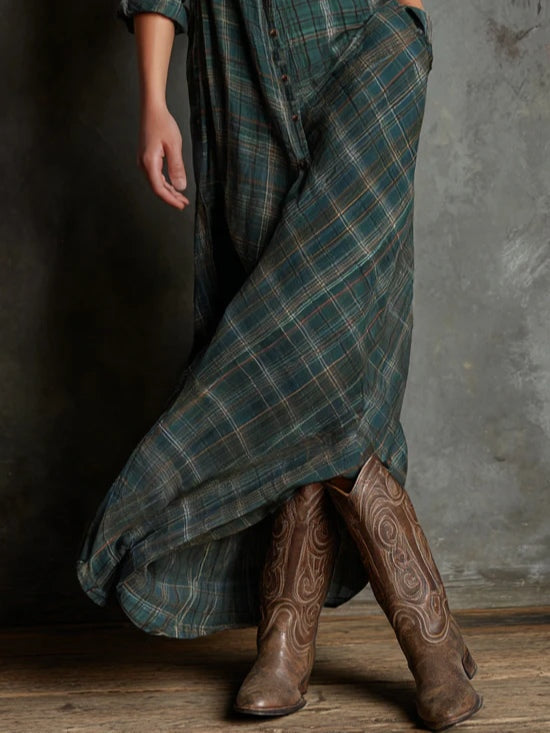 Taylor | Long Checkered Shirt Dress with Fold