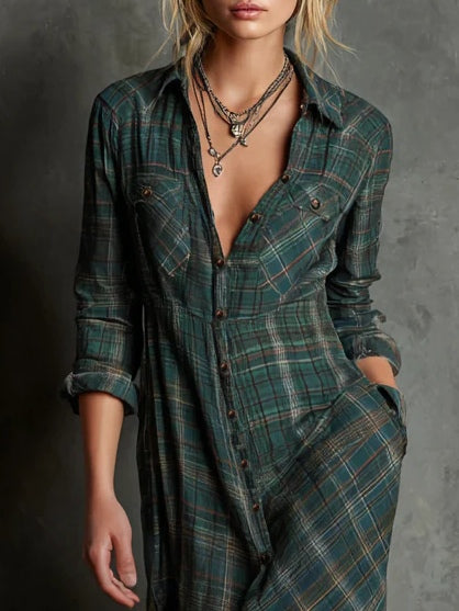 Taylor | Long Checkered Shirt Dress with Fold
