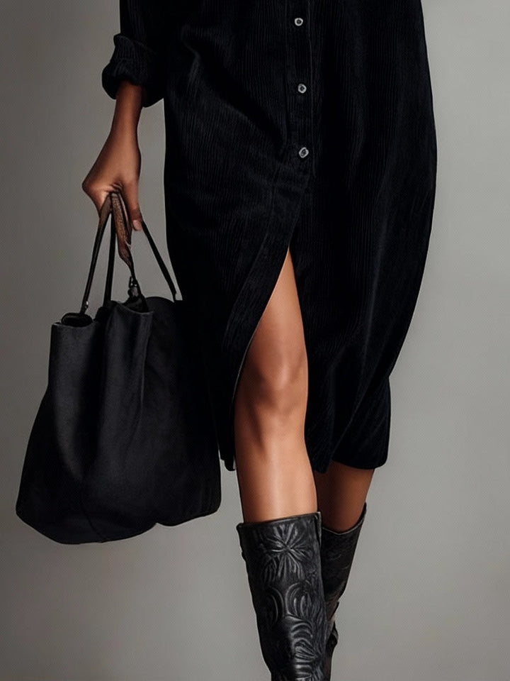 Ruby | Midi Corduroy Dress with Double Breasted Pockets and Single Button