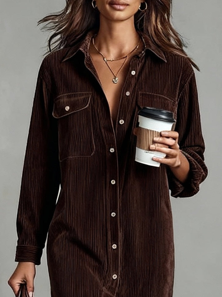 Ruby | Midi Corduroy Dress with Double Breasted Pockets and Single Button