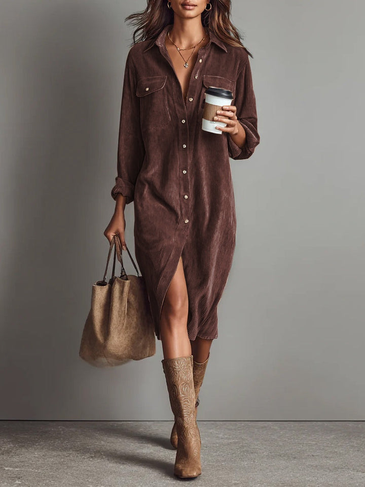 Ruby | Midi Corduroy Dress with Double Breasted Pockets and Single Button