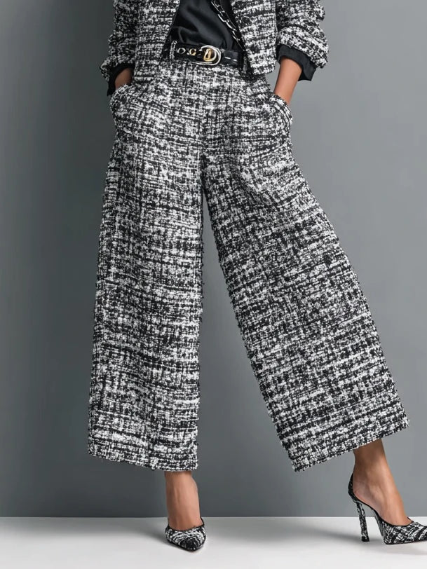 Tweed Print Blend Single-Breasted Cropped Jacket And Wide-Leg Pants Set