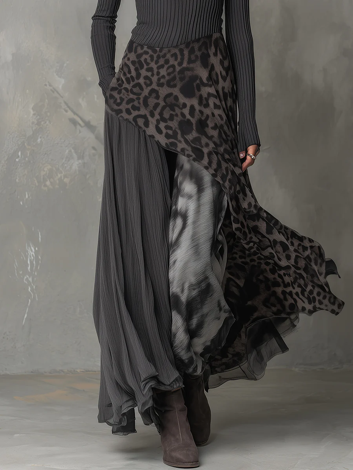 Grey Pit Stripe Leopard Print Splicing Asymmetrical Hem Maxi Dress